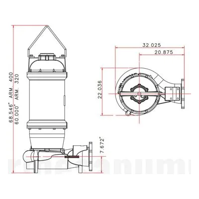 8SWH125044DS 62172240 Barmesa SW Series Solids-Handling Submersible Pump Dimensions, 8" Horizontal Flange Connections