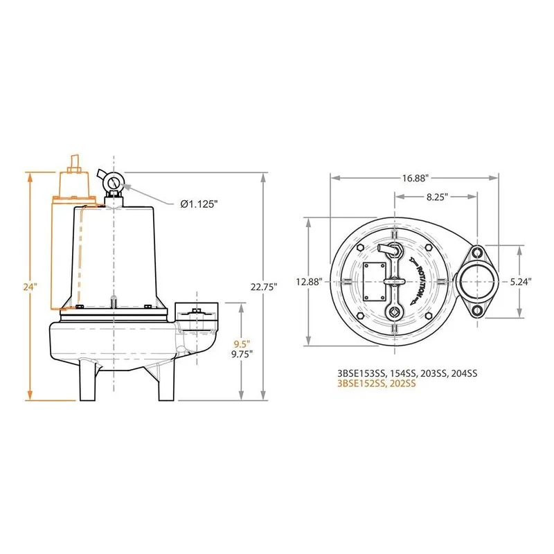 3BSE152SS 62170010 Barmesa Solids-Handling Submersible Pump Dimensions, 3" Vertical Female NPT Connections - view 3