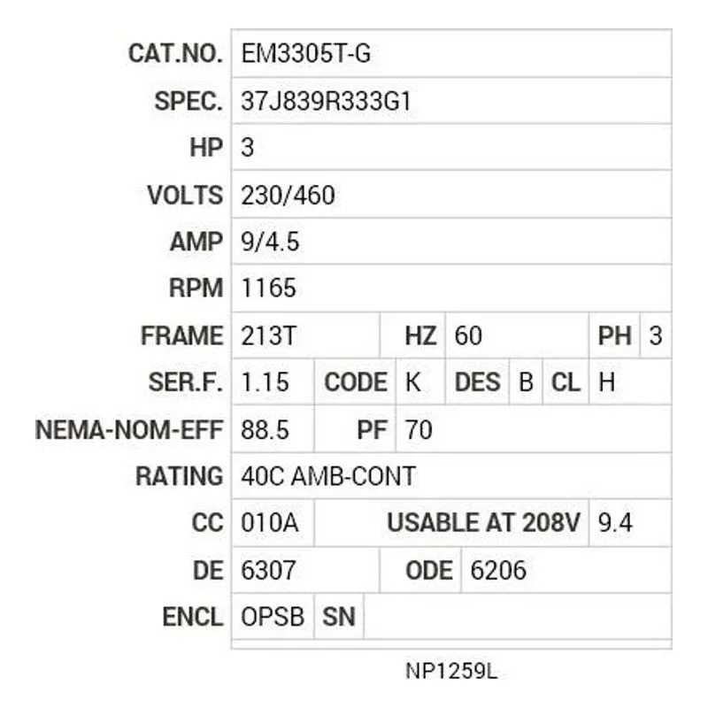 EM3305T-G Baldor 3 HP, 1165 RPM, 3 PH, 60 HZ, 213T, 3733M, OPSB, F1 Motor Nameplate - view 2