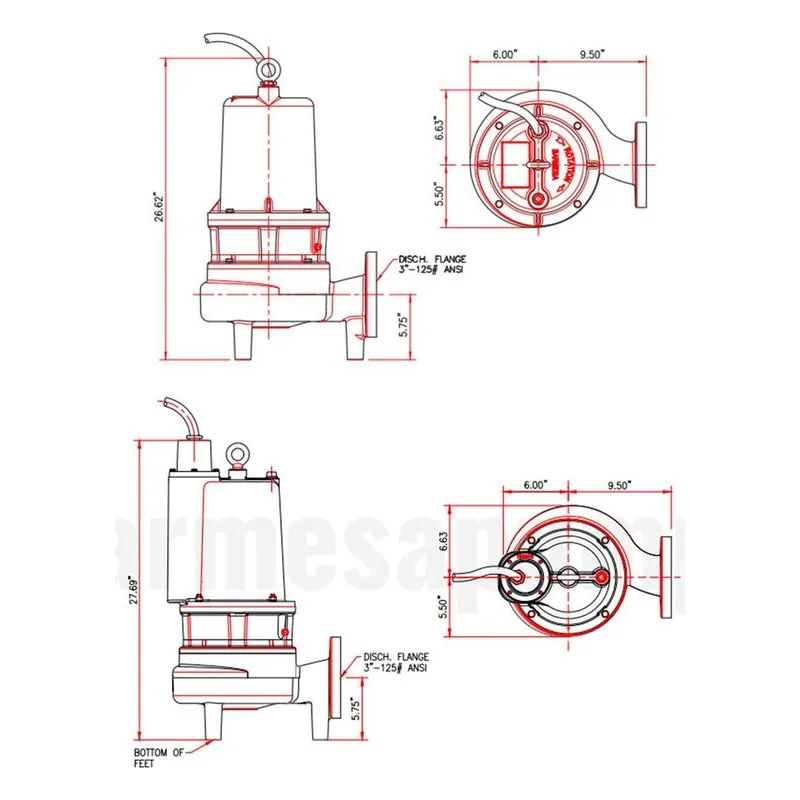 3BWSE503DS 62170165 Barmesa Solids-Handling Submersible Pump Dimensions, 3" Horizontal Flange Connections - view 3