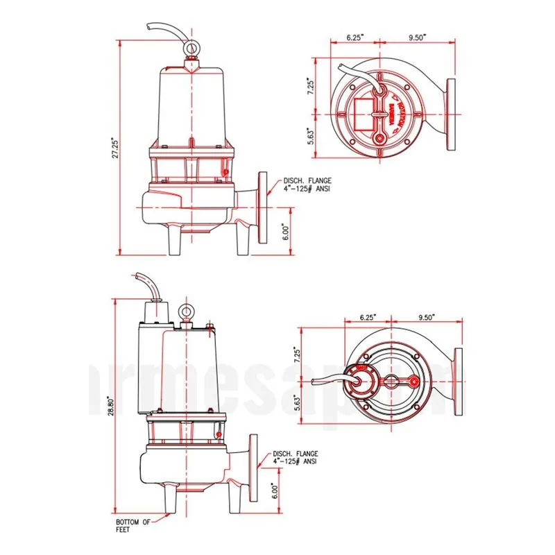 4BWSE202DS 62170160D Barmesa Solids-Handling Submersible Pump Dimensions, 4" Horizontal Flange Connections - view 3