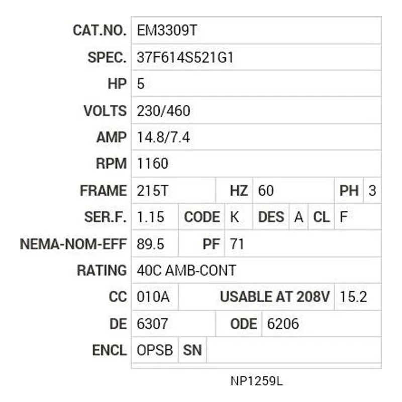 EM3309T Baldor 5 HP, 1160 RPM, 3 PH, 60 HZ, 215T, 3744M, OPSB, F1 Motor Nameplate - view 2