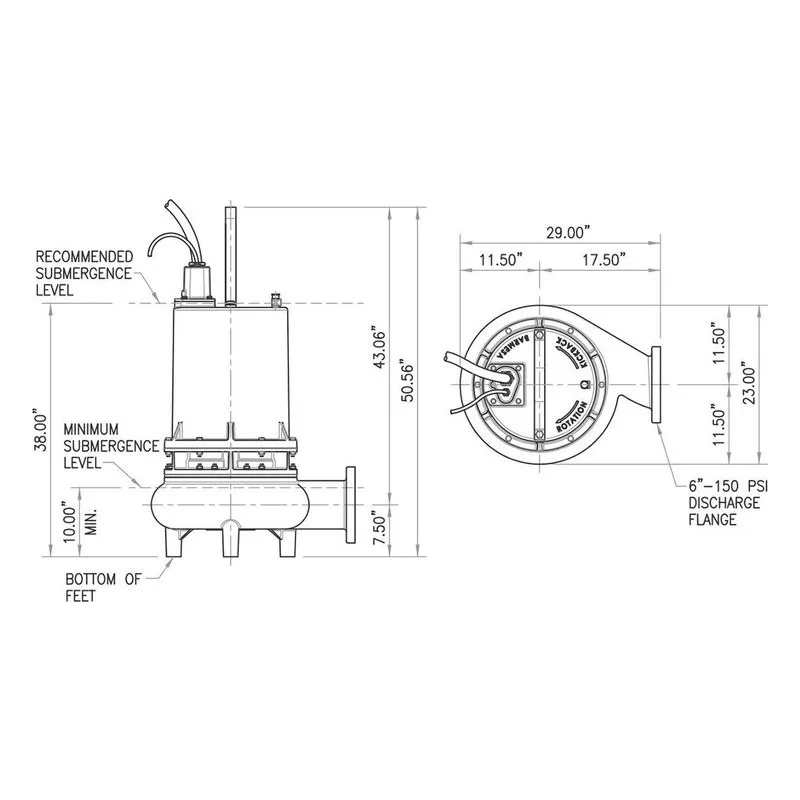 6BSE36044LDS 62170232 Barmesa Solids-Handling Submersible Pump Dimensions, 6" Horizontal Flange Connections - view 3
