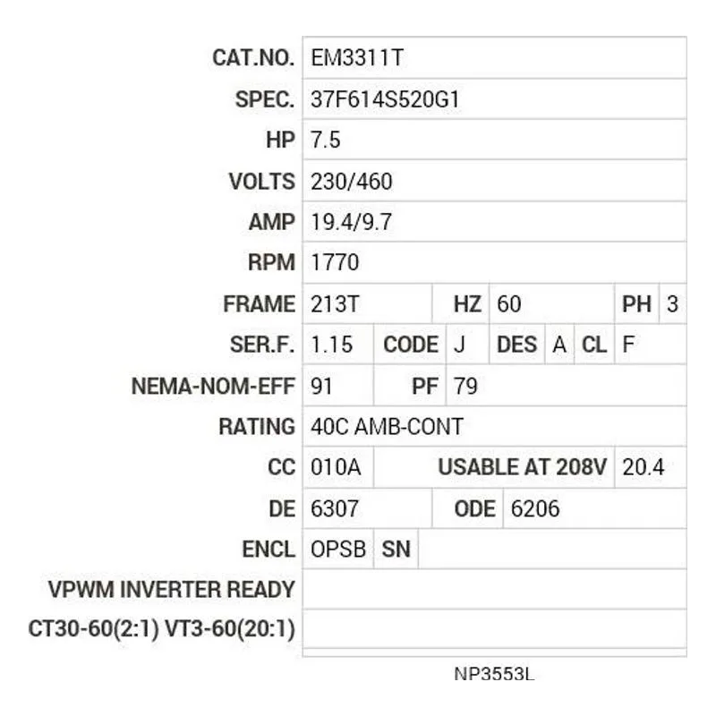 EM3311T Baldor 7.5 HP, 1770 RPM, 3 PH, 60 HZ, 213T, 3733M, OPSB, F Motor Nameplate - view 2