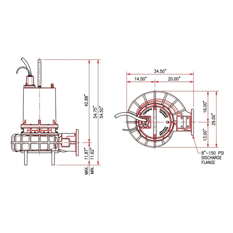8BSE36046HLDS 62170321 Barmesa Solids-Handling Submersible Pump Dimensions, 8" Horizontal Flange Connections - view 3