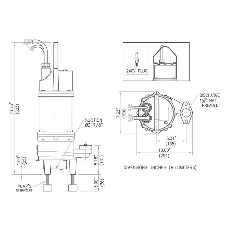 BGPC201DS Barmesa Submersible Grinder Pump Dimensions, 2-7/8" Vertical Suction & 1.25" Vertical NPT Discharge - view 3