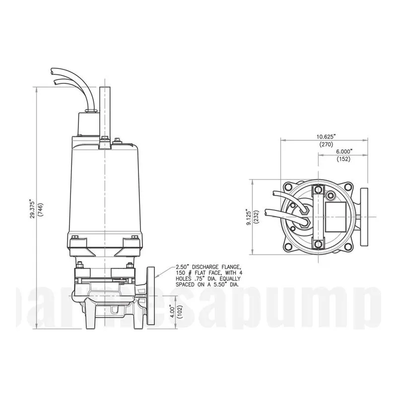 BGPH502DS 62170624 Barmesa Submersible Grinder Pump Dimensions, 2.5" Horizontal Flange Connections - view 3