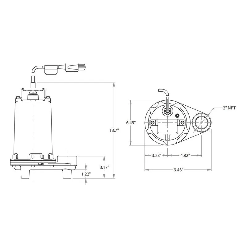 BPEV512 62180201 Barmesa Effluent, Sump & Utility Submersible Pump Dimensions, 2" Vertical Female NPT Connections - view 3
