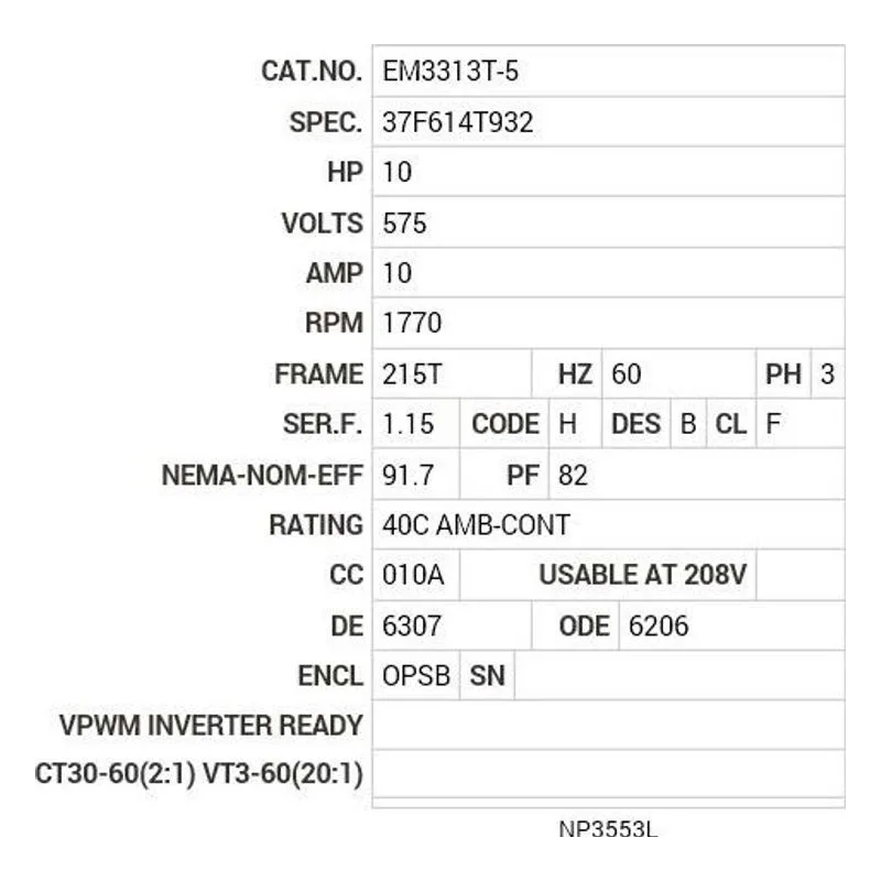 EM3313T-5 Baldor 10 HP, 1770 RPM, 3 PH, 60 HZ, 215T, 3739M, OPSB, F1 Motor Nameplate - view 2