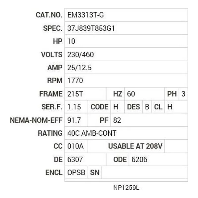 EM3313T-G Baldor 10 HP, 1770 RPM, 3 PH, 60 HZ, 215T, 3739M, OPSB, F1 Motor Nameplate - view 2