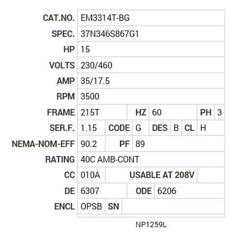 EM3314T-BG Baldor 15 HP, 3500 RPM, 3 PH, 60 HZ, 215T, 3734M, OPSB, F1 Motor Nameplate - view 2