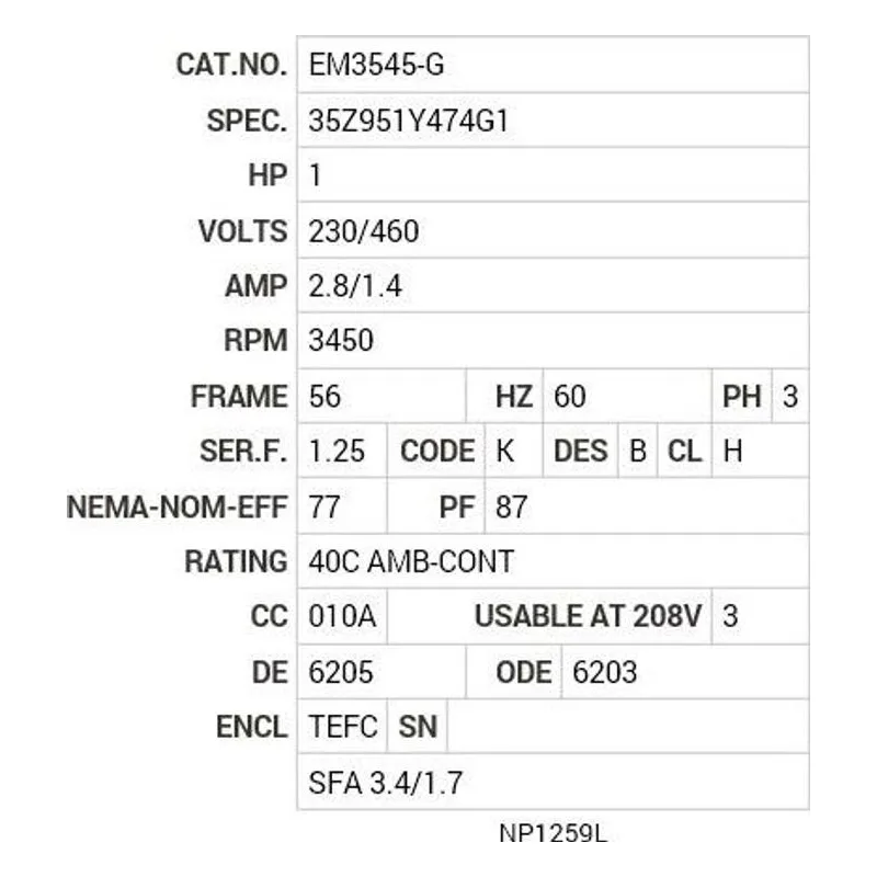EM3545-G Baldor 1 HP, 3450 RPM, 3 PH, 60 HZ, 56, 3516M, TEFC, F1, N Motor Nameplate - view 2