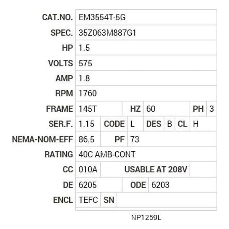 EM3554T-5G Baldor 1.5 HP, 1760 RPM, 3 PH, 60 HZ, 145T, 3526M, TEFC, F Motor Nameplate - view 2