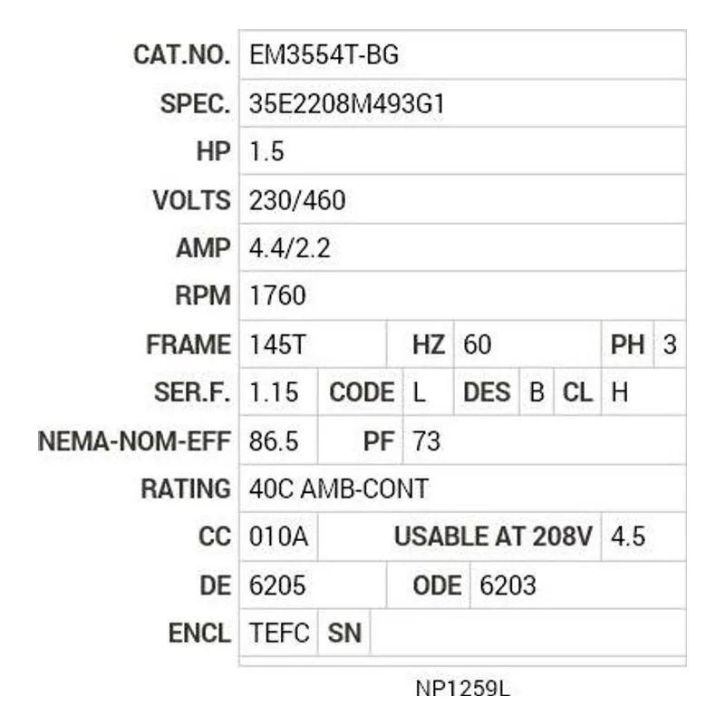 EM3554T-BG Baldor 1.5 HP, 1760 RPM, 3 PH, 60 HZ, 145T, 3526M, TEFC, F Motor Nameplate - view 2