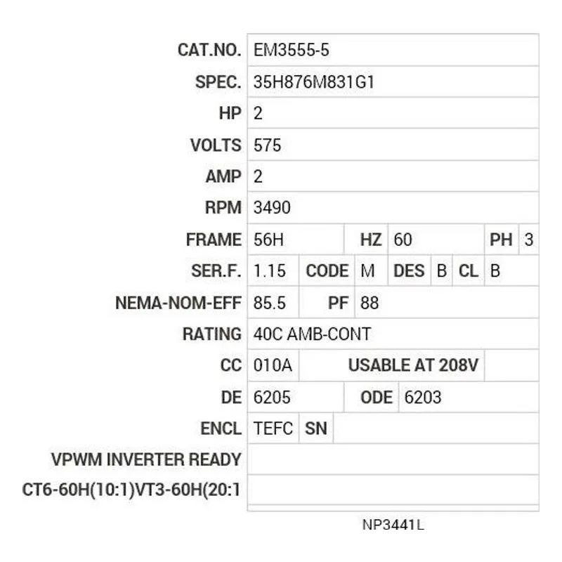 EM3555-5 Baldor 2 HP, 3490 RPM, 3 PH, 60 HZ, 56H, 3526M, TEFC, F1, N Motor Nameplate - view 2