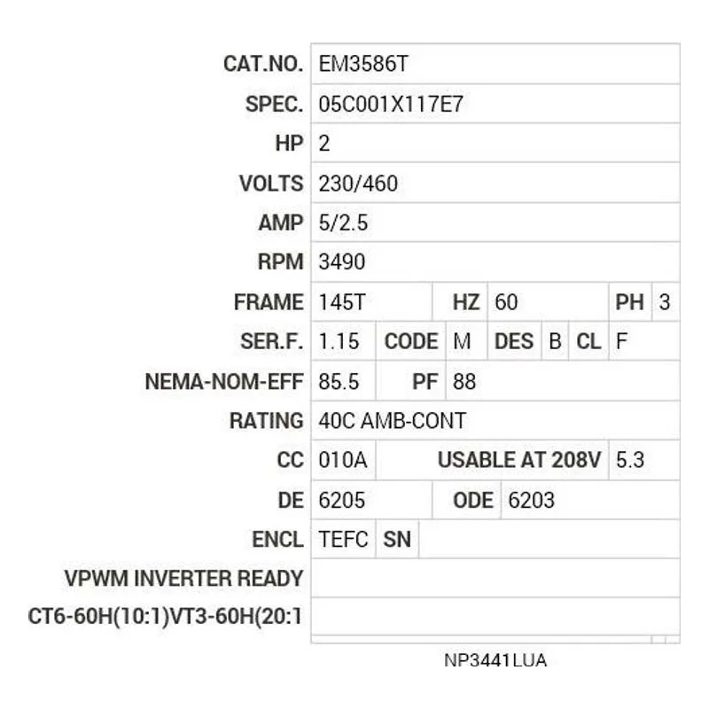 EM3586T Baldor 2 HP, 3490 RPM, 3 PH, 60 HZ, 143T, 0526M, TEFC, F1 Motor Nameplate - view 2