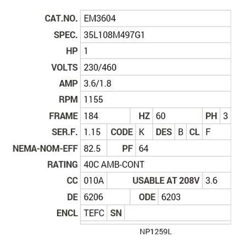EM3604 Baldor 1 HP, 1155 RPM, 3 PH, 60 HZ, 184, 3526M, TEFC, F1, N Motor Nameplate - view 2