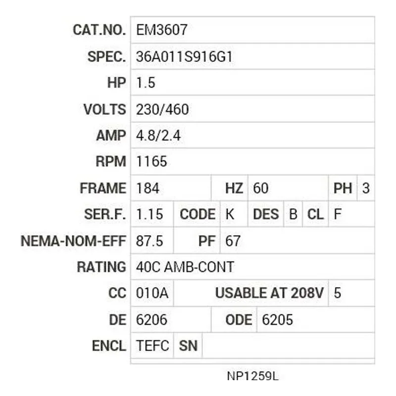 EM3607 Baldor 1.5 HP, 1165 RPM, 3 PH, 60 HZ, 184, 3632M, TEFC, F1 Motor Nameplate - view 2