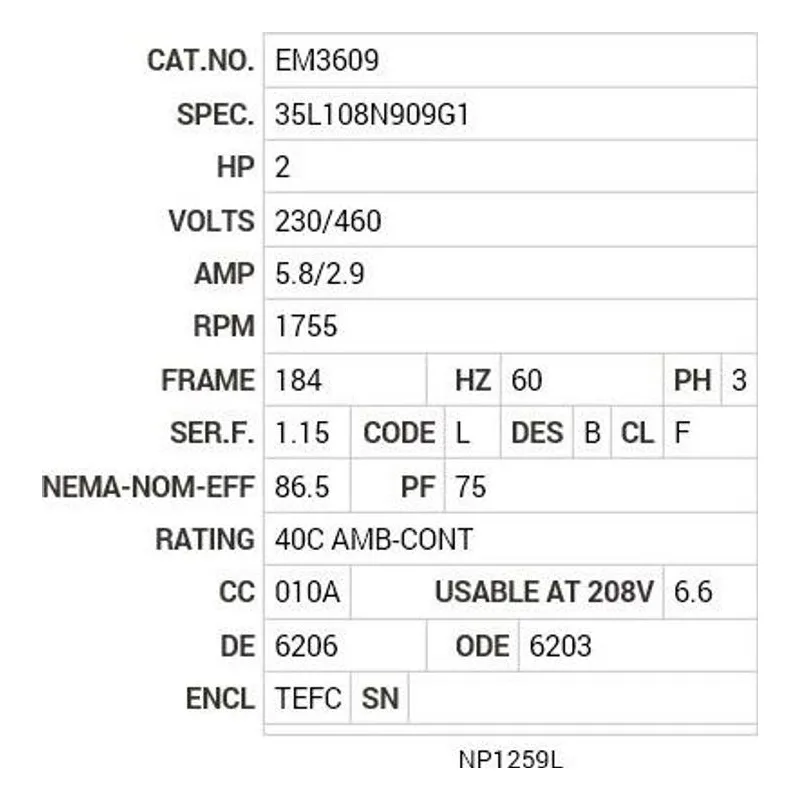 EM3609 Baldor 2 HP, 1755 RPM, 3 PH, 60 HZ, 184, 3528M, TEFC, F1, N Motor Nameplate - view 2