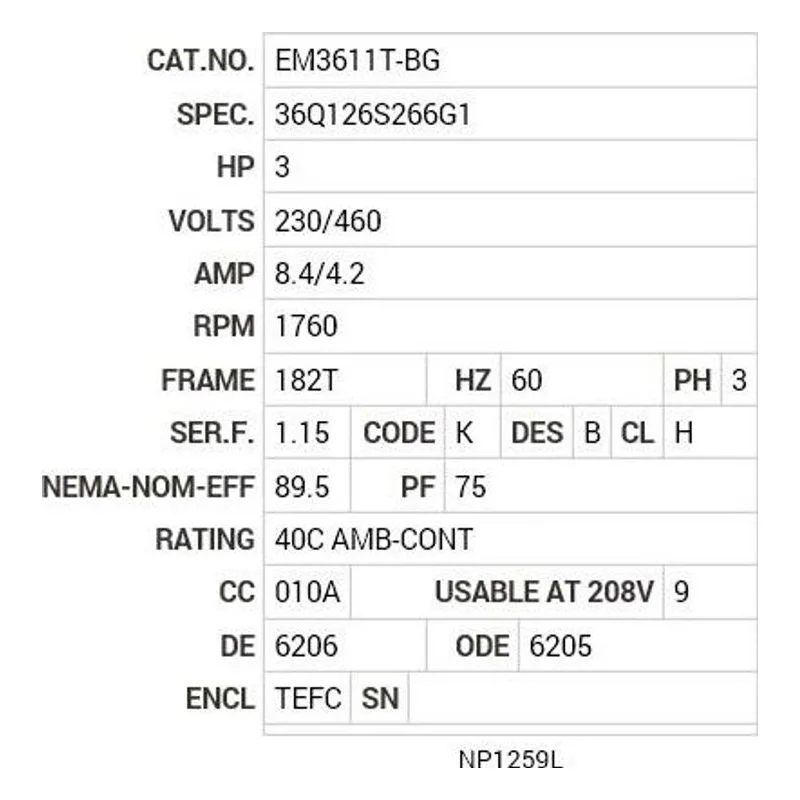 EM3611T-BG Baldor 3 HP, 1760 RPM, 3 PH, 60 HZ, 182T, 3631M, TEFC, F1 Motor Nameplate - view 2