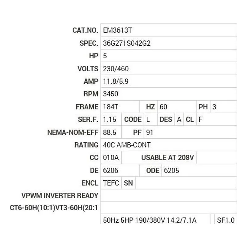 EM3613T Baldor 5 HP, 3450 RPM, 3 PH, 60 HZ, 184T, 3630M, TEFC, F1 Motor Nameplate - view 2