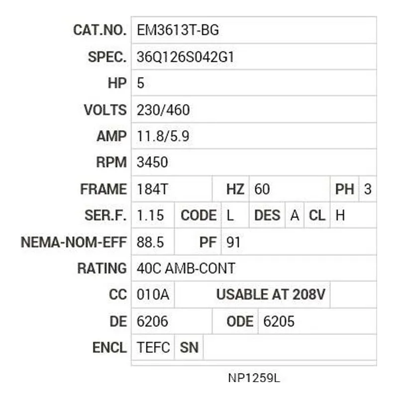 EM3613T-BG Baldor 5 HP, 3450 RPM, 3 PH, 60 HZ, 184T, 3630M, TEFC, F1 Motor Nameplate - view 2