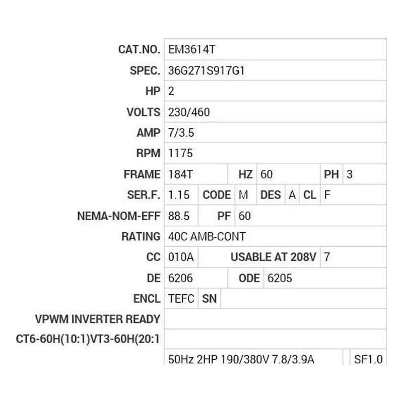 EM3614T Baldor 2 HP, 1170 RPM, 3 PH, 60 HZ, 184T, 3644M, TEFC, F1 Motor Nameplate - view 2