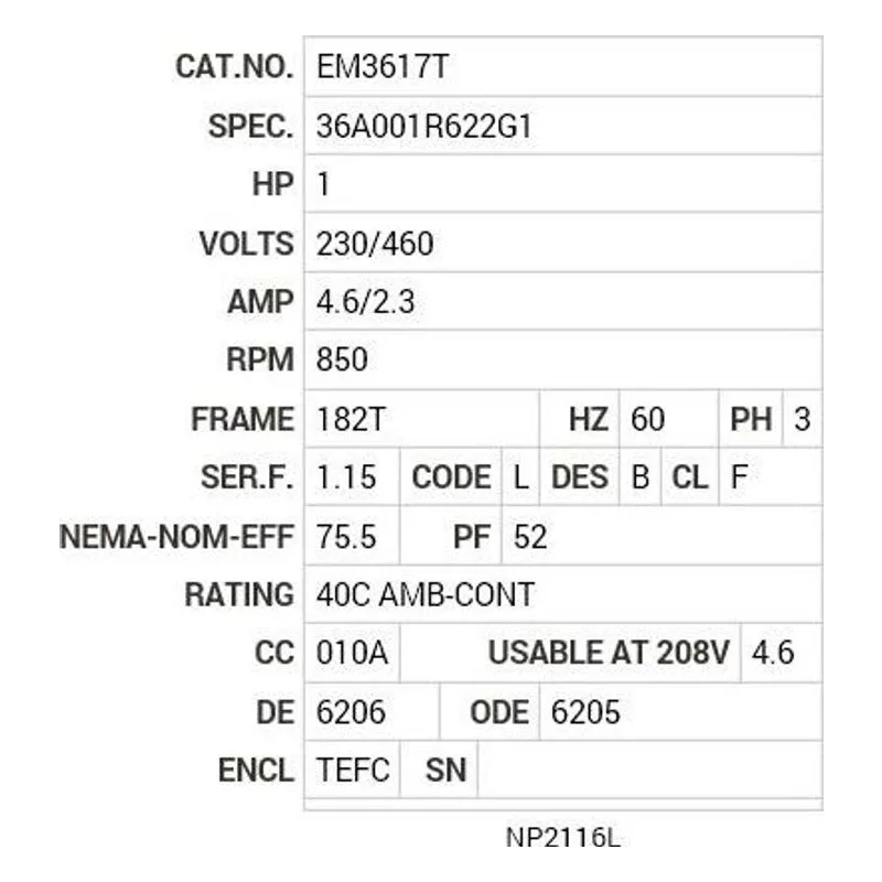 EM3617T Baldor 1 HP, 850 RPM, 3 PH, 60 HZ, 182T, 3628M, TEFC, F1, N Motor Nameplate - view 2