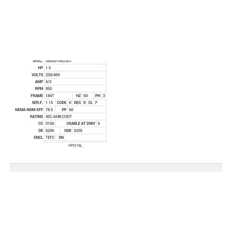 EM3618T Baldor 1.5 HP, 855 RPM, 3 PH, 60 HZ, 184T, 3643M, TEFC, F1 Motor Nameplate - view 2