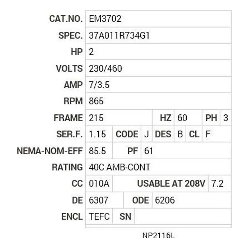 EM3702 Baldor 2 HP, 865 RPM, 3 PH, 60 HZ, 215, 3744M, TEFC, F1, N Motor Nameplate - view 2