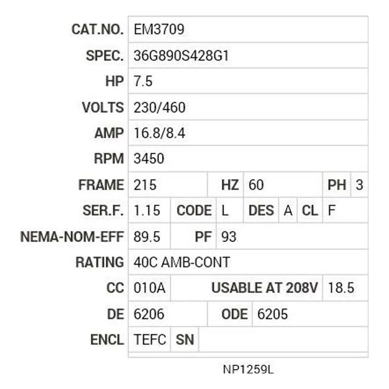 EM3709 Baldor 7.5 HP, 3450 RPM, 3 PH, 60 HZ, 215, 3646M, TEFC, F1 Motor Nameplate - view 2