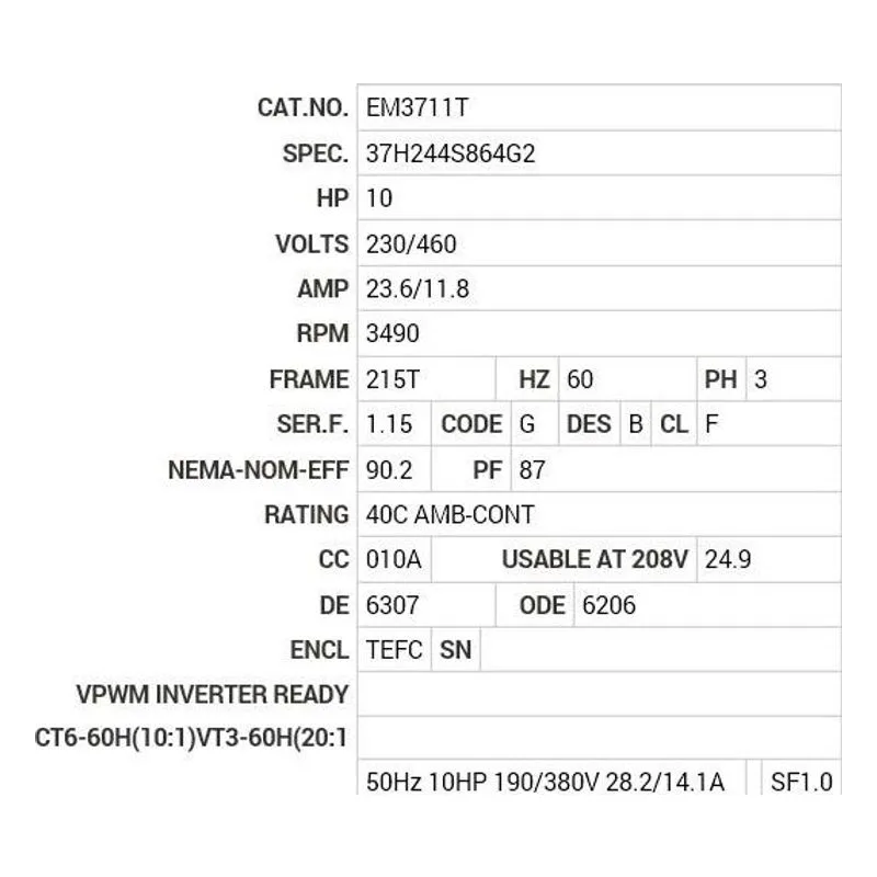 EM3711T Baldor 10 HP, 3490 RPM, 3 PH, 60 HZ, 215T, 3729M, TEFC, F1 Motor Nameplate - view 2