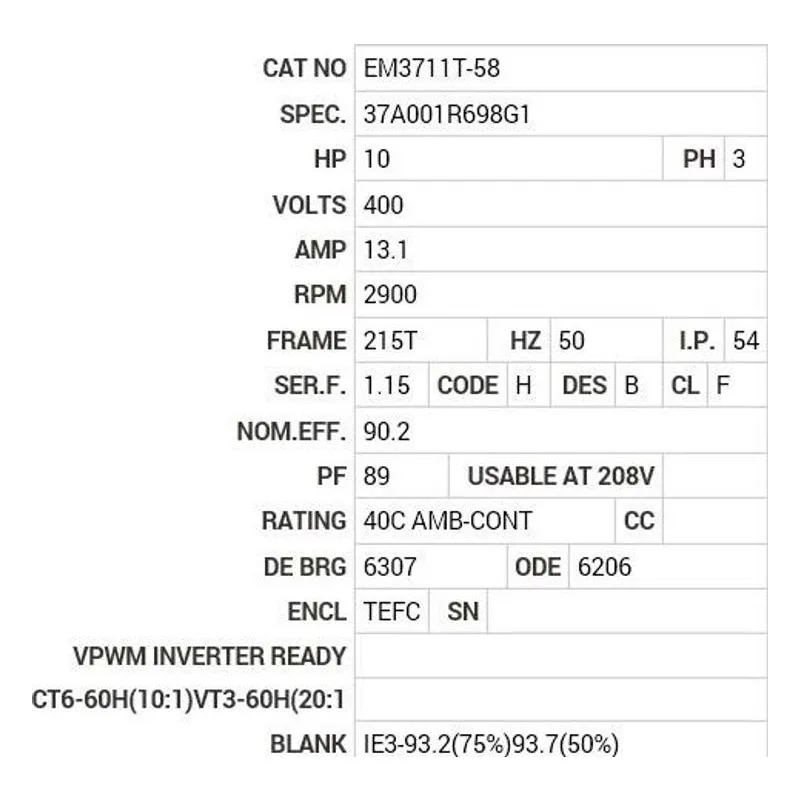 EM3711T-58 Baldor 10 HP, 2900 RPM, 3 PH, 50 HZ, 215T, 3740M, TEFC, F1 Motor Nameplate - view 2