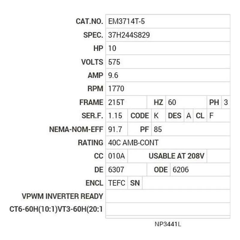 EM3714T-5 Baldor 10 HP, 1770 RPM, 3 PH, 60 HZ, 215T, 3752M, TEFC, F1 Motor Nameplate - view 2