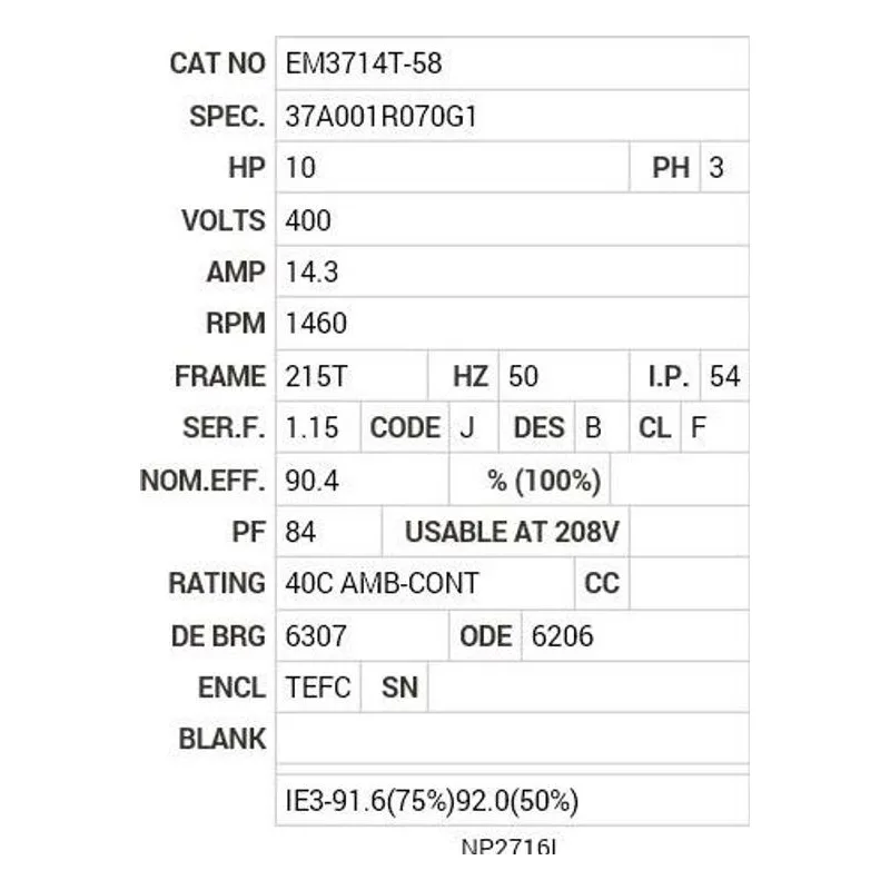 EM3714T-58 Baldor 10 HP, 1460 RPM, 3 PH, 50 HZ, 215T, 3752M, TEFC, F1 Motor Nameplate - view 2