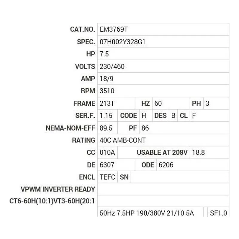 EM3769T Baldor 7.5 HP, 3510 RPM, 3 PH, 60 HZ, 213T, 0726M, TEFC, F Motor Nameplate - view 2