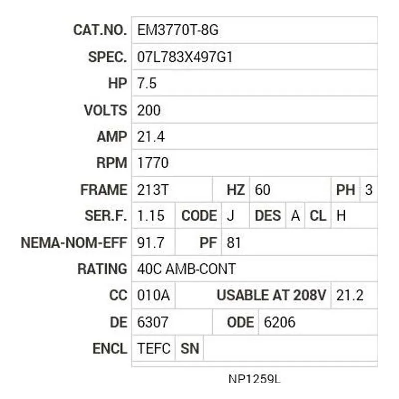 EM3770T-8G Baldor 7.5 HP, 1770 RPM, 3 PH, 60 HZ, 213T, 0735M, TEFC, F Motor Nameplate - view 2