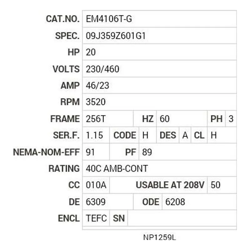 EM4106T-G Baldor 20 HP, 3520 RPM, 3 PH, 60 HZ, 256T, 0936M, TEFC, F1 Motor Nameplate - view 2