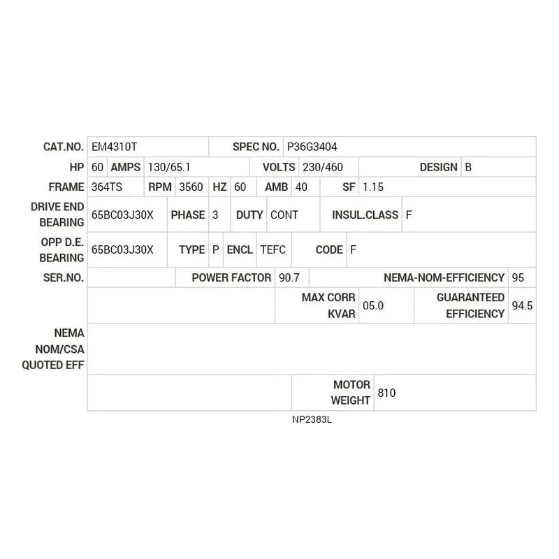 EM4310T Baldor 60 HP, 3550 RPM, 3 PH, 60 HZ, 364TS, 1452M, TEFC, F Motor Nameplate - view 2