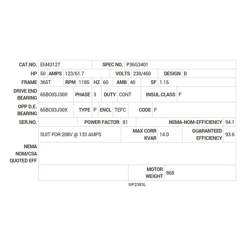 EM4312T Baldor 50 HP, 1185 RPM, 3 PH, 60 HZ, 365T, 1474M, TEFC, F1 Motor Nameplate - view 2