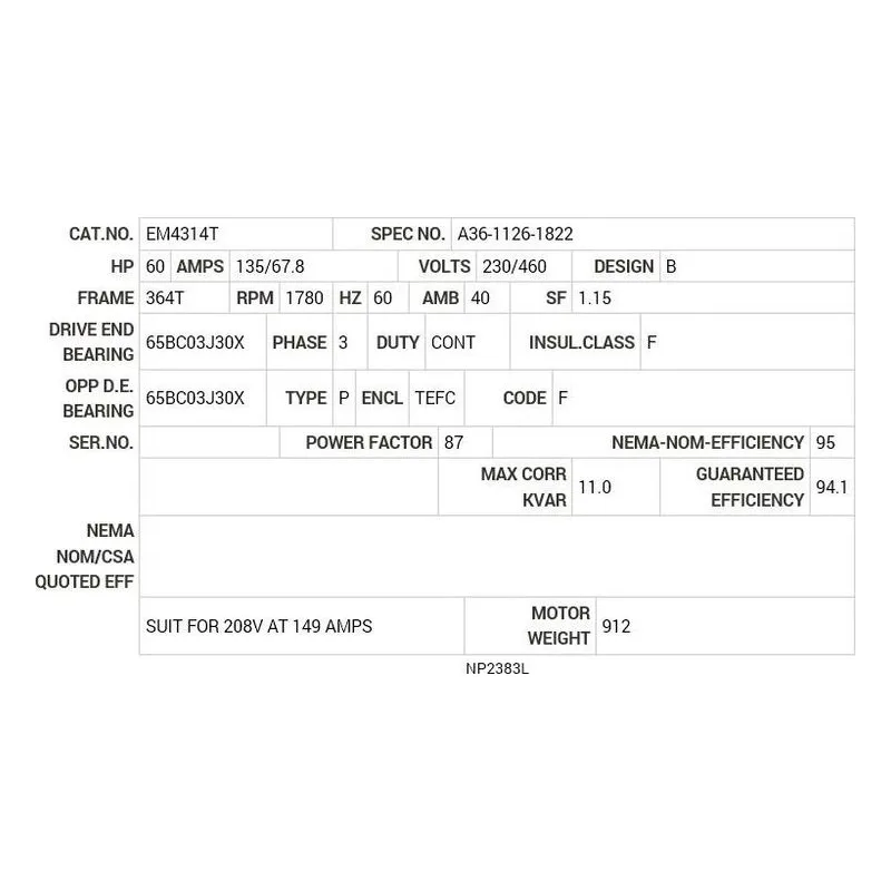 EM4314T Baldor 60 HP, 1780 RPM, 3 PH, 60 HZ, 364T, A3662M, TEFC, F Motor Nameplate - view 2