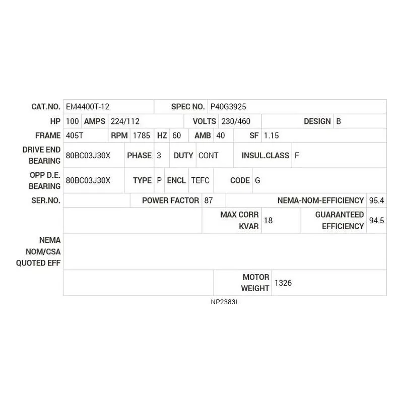 EM4400T-12 Baldor 100 HP, 1785 RPM, 3 PH, 60 HZ, 405T, A40064M, TEFC Motor Nameplate - view 2