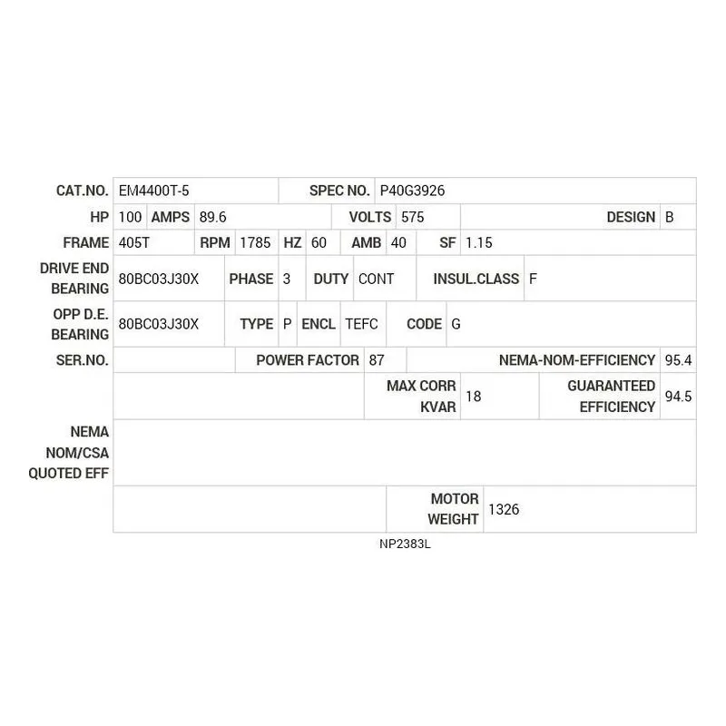 EM4400T-5 Baldor 100 HP, 1785 RPM, 3 PH, 60 HZ, 405T, A40064M, TEFC Motor Nameplate - view 2