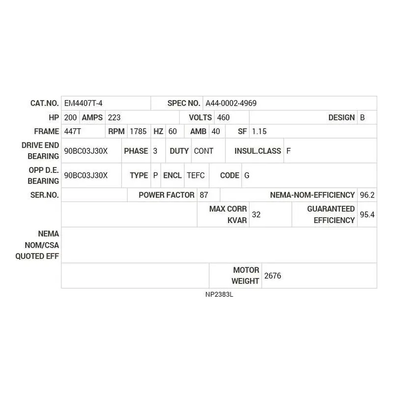 EM4407T-4 Baldor 200 HP, 1785 RPM, 3 PH, 60 HZ, 447T, TEFC Motor Nameplate - view 2