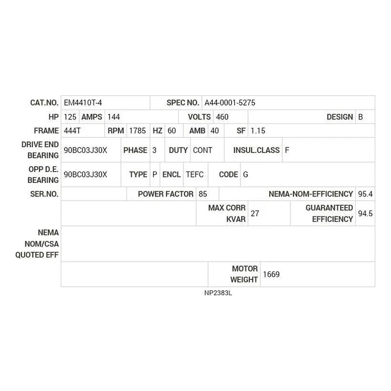 EM4410T-4 Baldor 125 HP, 1785 RPM, 3 PH, 60 HZ, 444T, TEFC, F1 Motor Nameplate - view 2