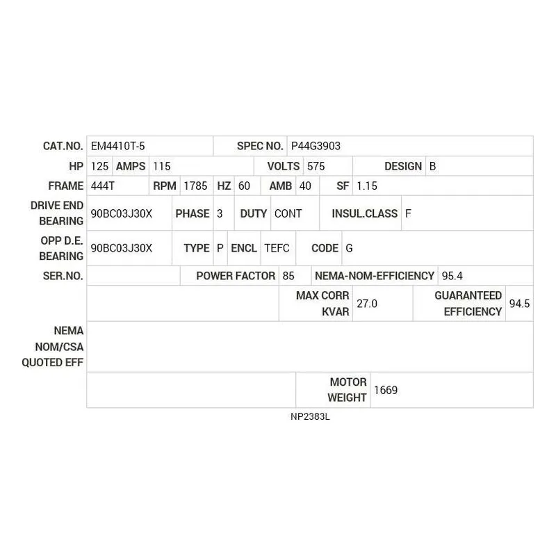 EM4410T-5 Baldor 125 HP, 1785 RPM, 3 PH, 60 HZ, 444T, A44076M, TEFC Motor Nameplate - view 2