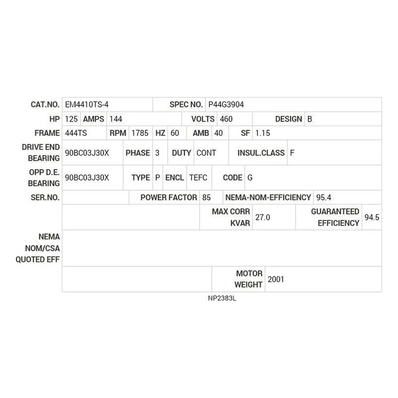 EM4410TS-4 Baldor 125 HP, 1785 RPM, 3 PH, 60 HZ, 444TS, A44076M, TEF Motor Nameplate - view 2