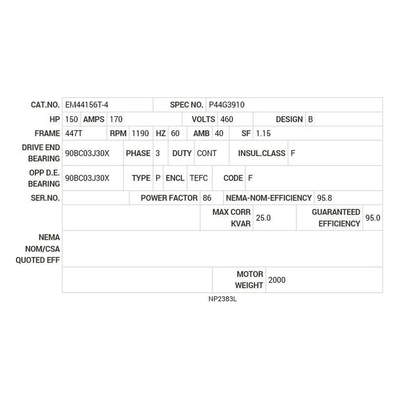 EM44156T-4 Baldor 150 HP, 1190 RPM, 3 PH, 60 HZ, 447T, A44120M, TEFC Motor Nameplate - view 2