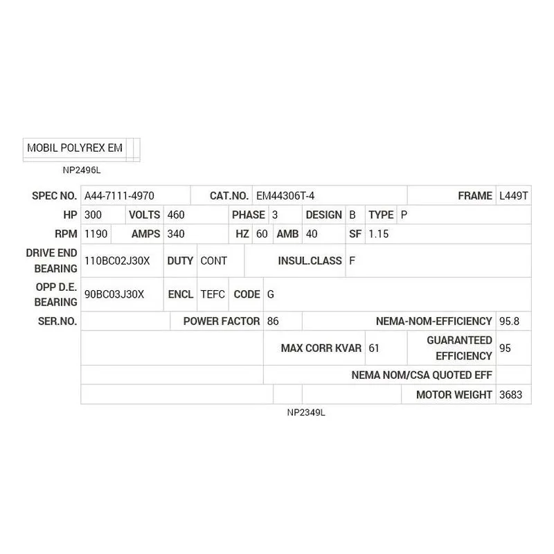 EM44306T-4 Baldor 300 HP, 1190 RPM, 3 PH, 60 HZ, L449T, TEFC, F1 Motor Nameplate - view 2