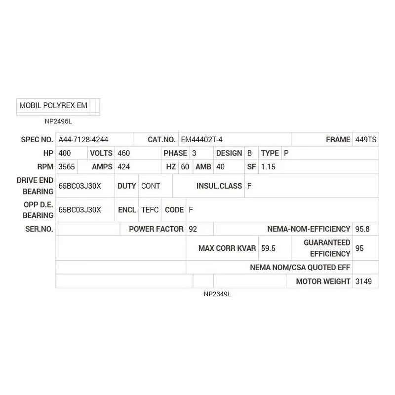 EM44402T-4 Baldor 400 HP, 3565 RPM, 3 PH, 60 HZ, 449TS, TEFC, F1 Motor Nameplate - view 2
